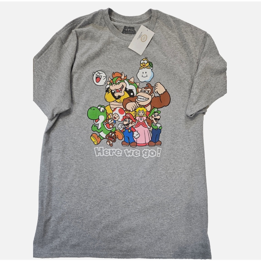Super Mario Shirt Mens Large Gray Here We Go‎ Characters Graphic Tee Nintendo
